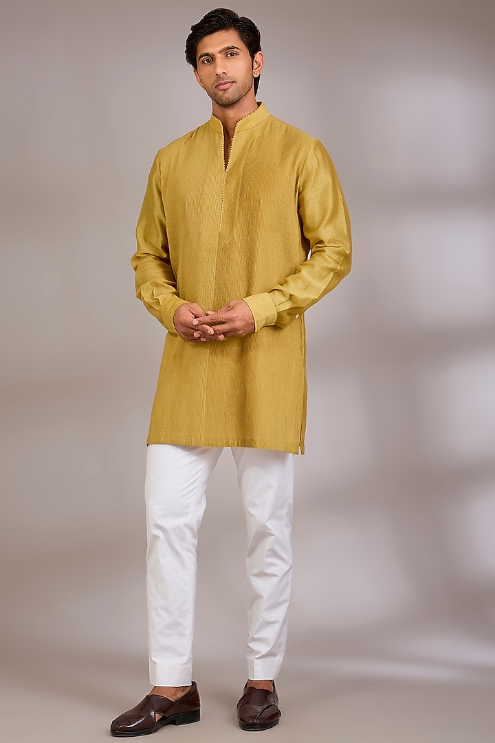 Haldi Yellow Silk Bundi Jacket Set by Divyam Mehta Men at Pernia's Pop Up Shop