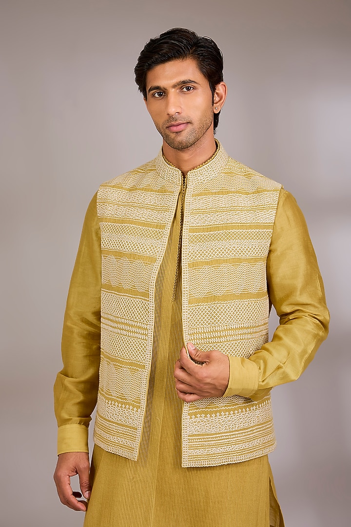 Haldi Yellow Silk Bundi Jacket Set by Divyam Mehta Men at Pernia's Pop Up Shop