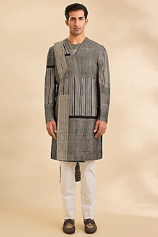 Black & Beige Raw Silk Kurta Set by Divyam Mehta Men