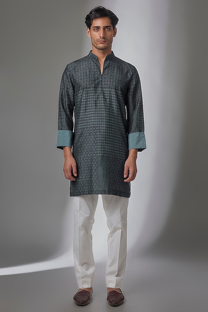 Space Blue Matka Silk Kurta Set by Divyam Mehta Men at Pernia's Pop Up Shop