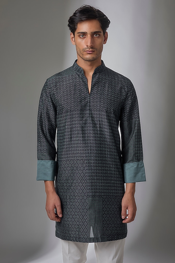 Space Blue Matka Silk Kurta Set by Divyam Mehta Men at Pernia's Pop Up Shop