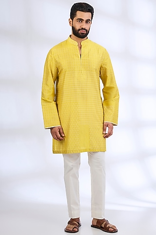 Nashpati Green Mulberry Silk & Cotton Kurta Set by Divyam Mehta Men