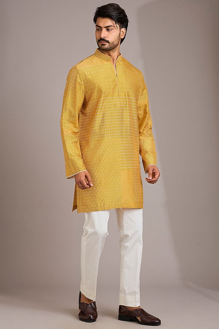 Haldi Yellow Matka Silk Kurta Set by Divyam Mehta Men at Pernia's Pop Up Shop