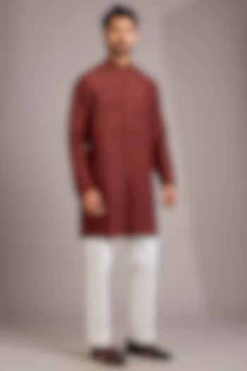 Brick Red Matka Silk Kurta Set by Divyam Mehta Men at Pernia's Pop Up Shop