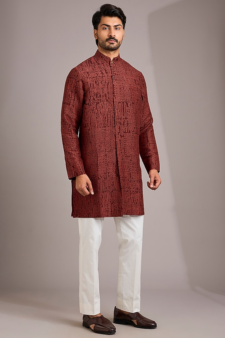 Brick Red Matka Silk Kurta Set by Divyam Mehta Men at Pernia's Pop Up Shop