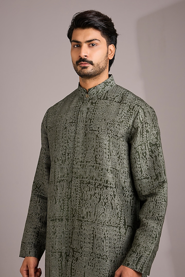 Olive Matka Silk Kurta Set by Divyam Mehta Men at Pernia's Pop Up Shop