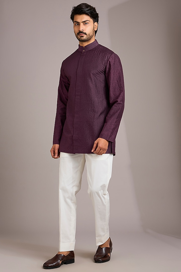 Dry Plum Matka Silk Kurta Set by Divyam Mehta Men at Pernia's Pop Up Shop