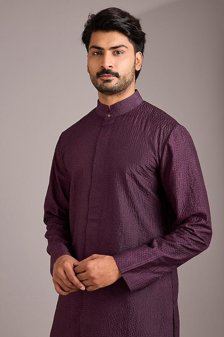 Dry Plum Matka Silk Kurta Set by Divyam Mehta Men at Pernia's Pop Up Shop