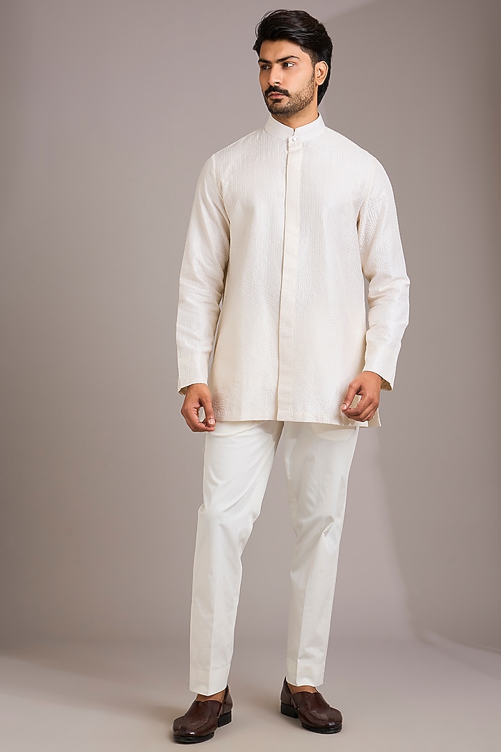 Ivory Matka Silk Kurta Set by Divyam Mehta Men at Pernia's Pop Up Shop