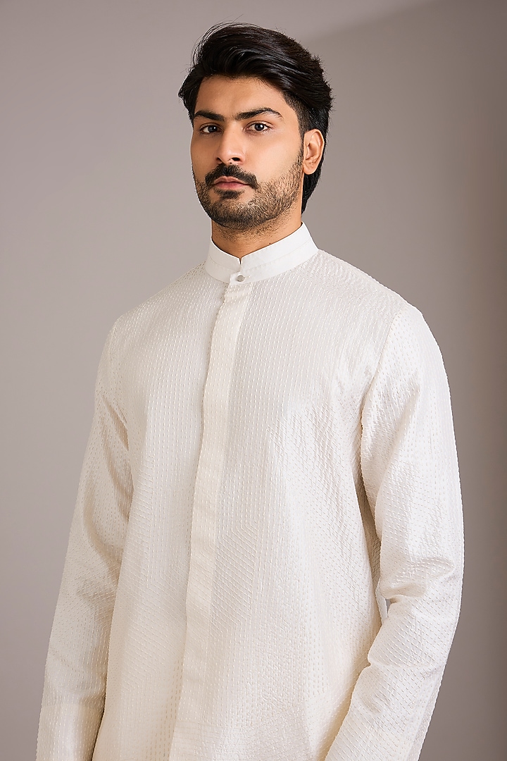 Ivory Matka Silk Kurta Set by Divyam Mehta Men at Pernia's Pop Up Shop