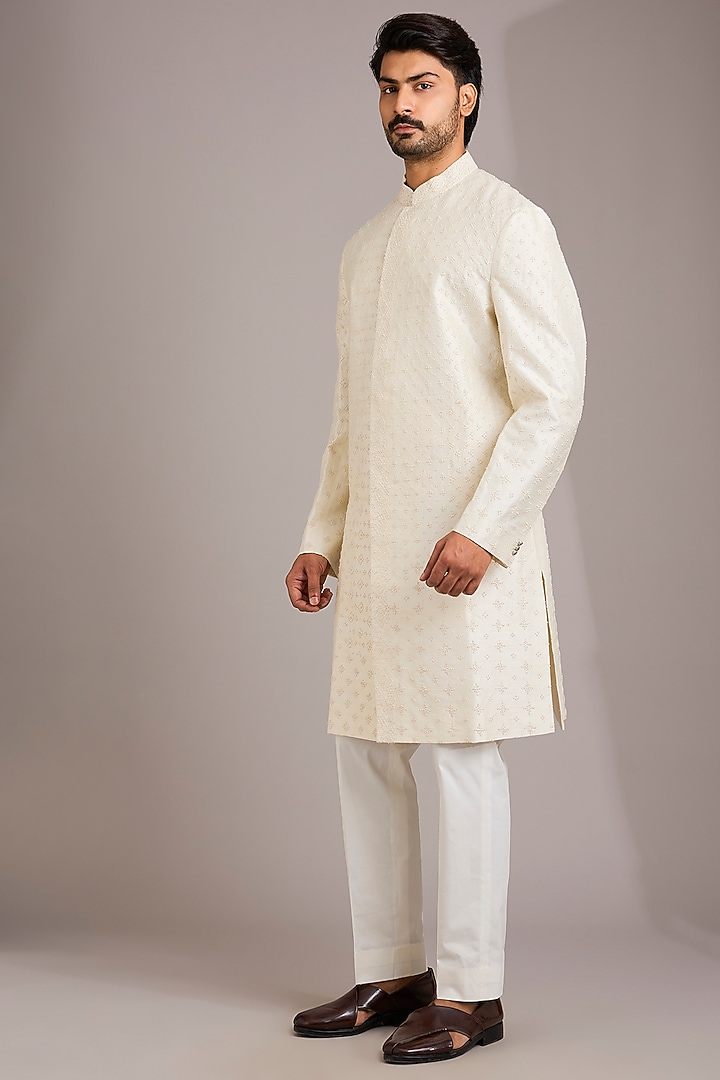 Ivory Matka Silk Kurta Set by Divyam Mehta Men at Pernia's Pop Up Shop