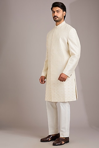 Ivory Matka Silk Kurta Set by Divyam Mehta Men