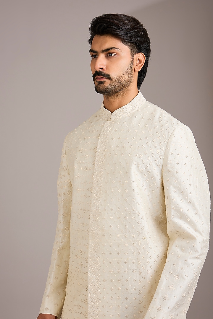 Ivory Matka Silk Kurta Set by Divyam Mehta Men at Pernia's Pop Up Shop