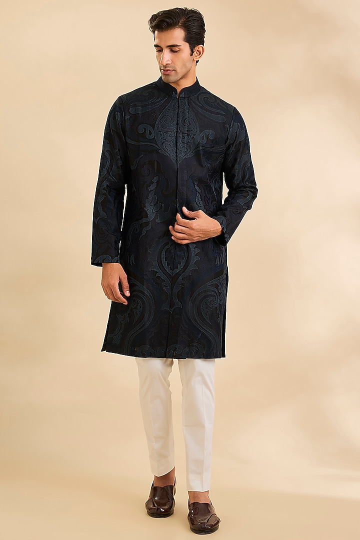 Black Raw Silk Kurta Set by Divyam Mehta Men at Pernia's Pop Up Shop