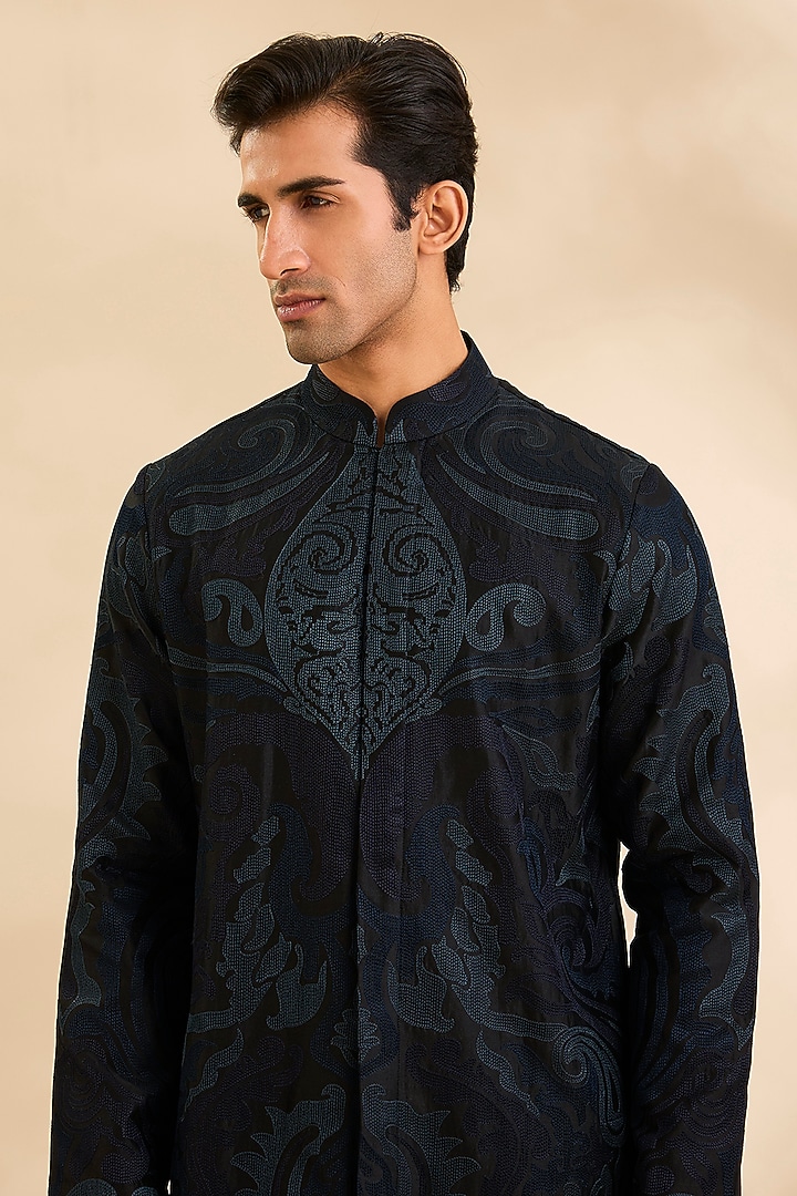 Black Raw Silk Kurta Set by Divyam Mehta Men at Pernia's Pop Up Shop