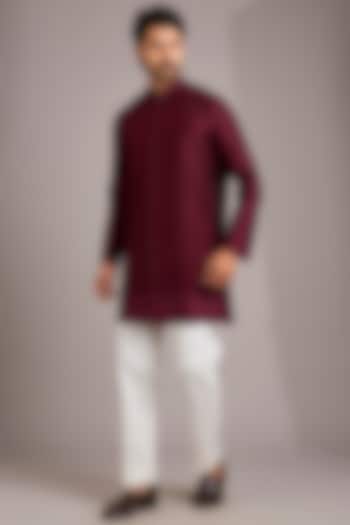 Berry Red Matka Silk Kurta Set by Divyam Mehta Men at Pernia's Pop Up Shop