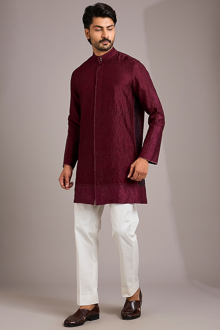 Berry Red Matka Silk Kurta Set by Divyam Mehta Men at Pernia's Pop Up Shop