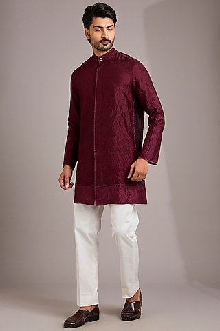 Berry Red Matka Silk Kurta Set by Divyam Mehta Men