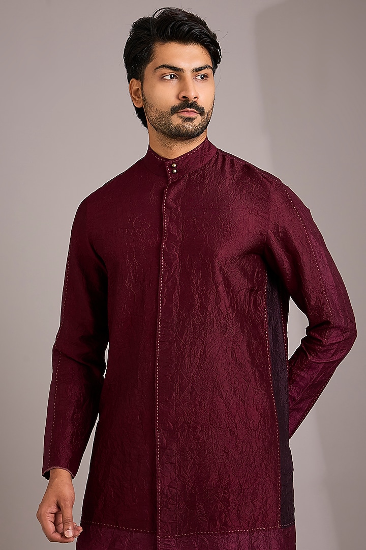 Berry Red Matka Silk Kurta Set by Divyam Mehta Men at Pernia's Pop Up Shop