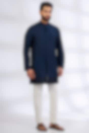 Indigo Mulberry Silk & Cotton Kurta Set by Divyam Mehta Men at Pernia's Pop Up Shop