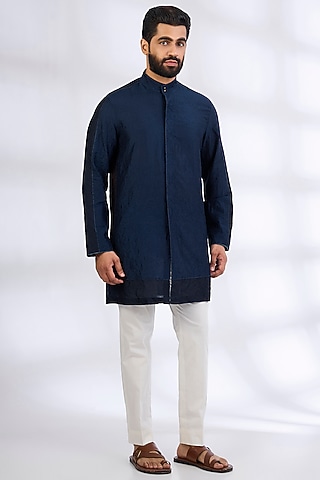 Indigo Mulberry Silk & Cotton Kurta Set by Divyam Mehta Men