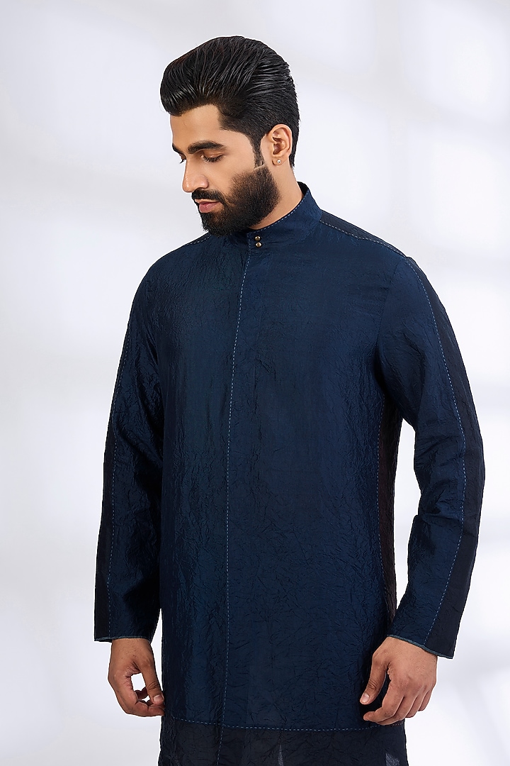 Indigo Mulberry Silk & Cotton Kurta Set by Divyam Mehta Men at Pernia's Pop Up Shop