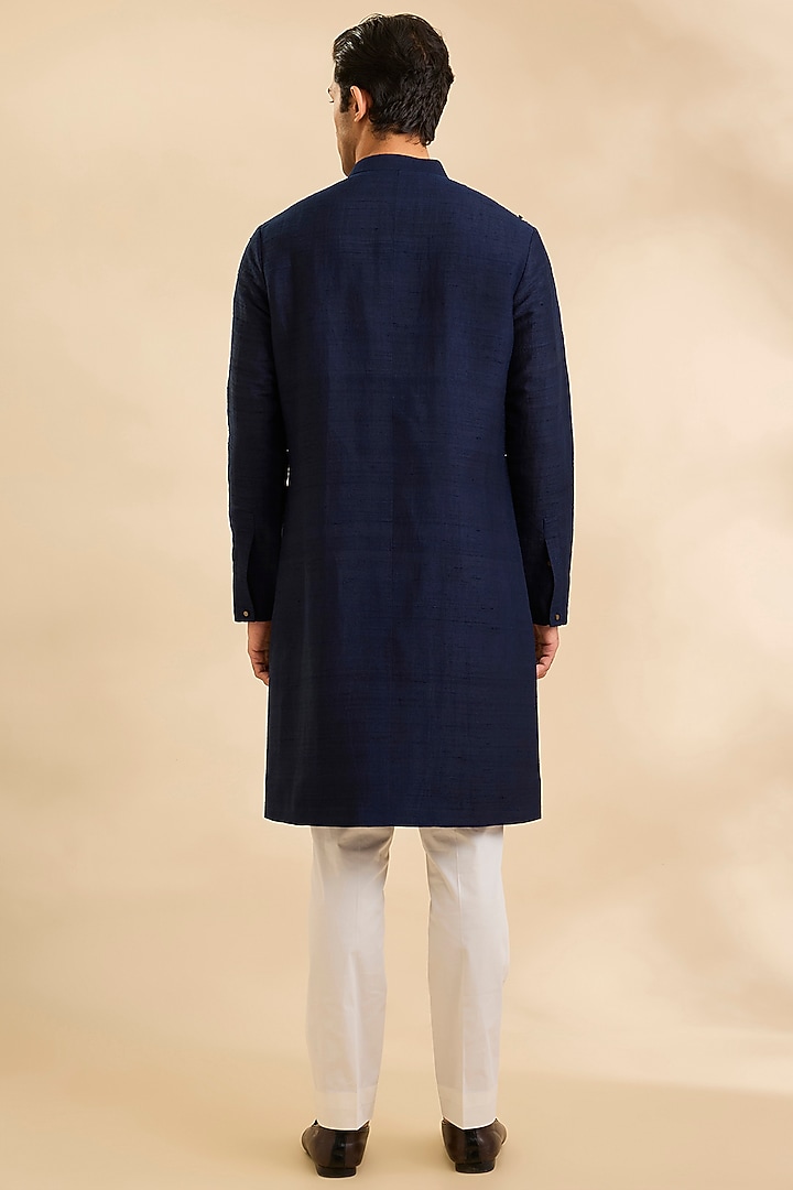 Dark Indigo Matka Silk Kurta Set by Divyam Mehta Men at Pernia's Pop Up Shop