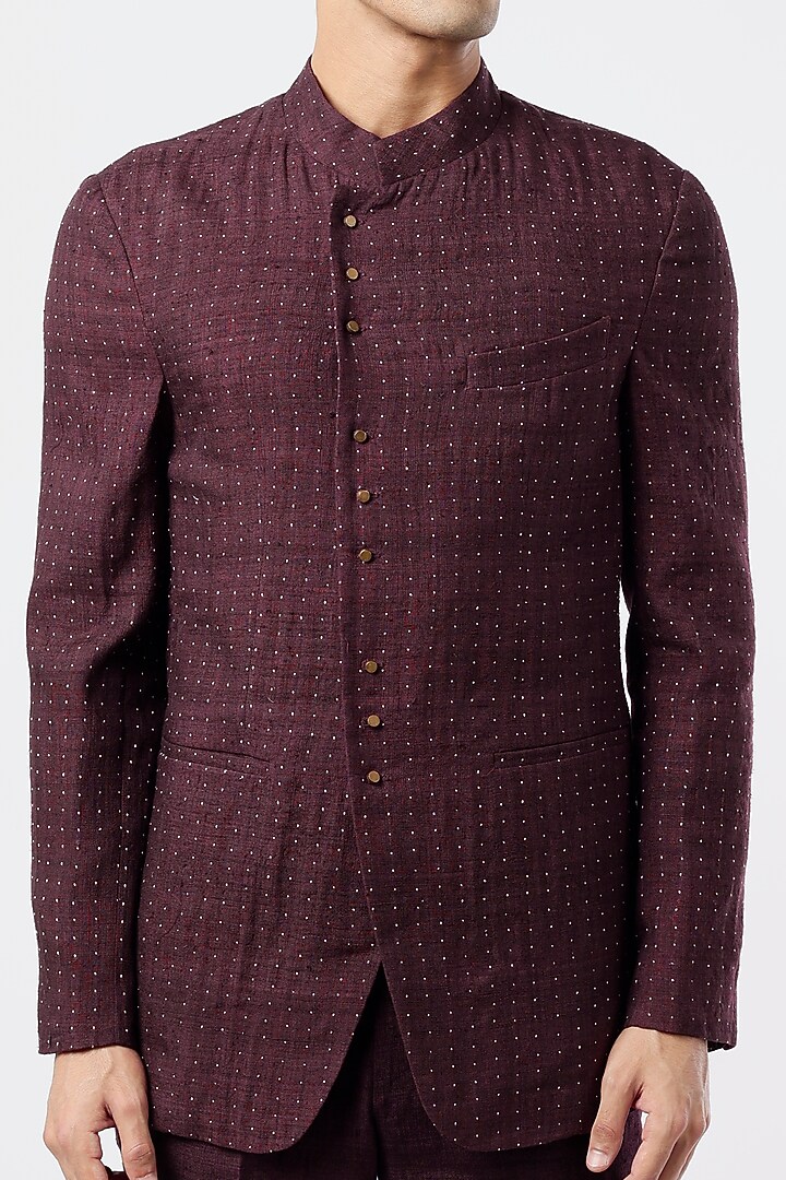 Falsa Silk Textured Groom Bandhgala Set by Divyam Mehta Men at Pernia's Pop Up Shop