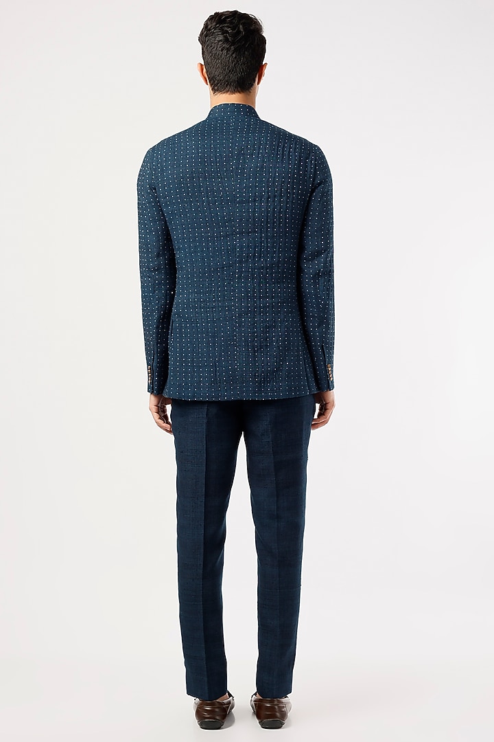 Blue Silk Textured Groom Bandhgala Set by Divyam Mehta Men at Pernia's Pop Up Shop