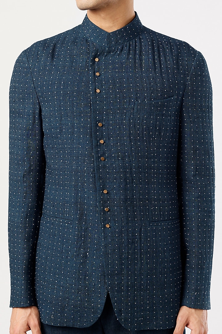 Blue Silk Textured Groom Bandhgala Set by Divyam Mehta Men at Pernia's Pop Up Shop