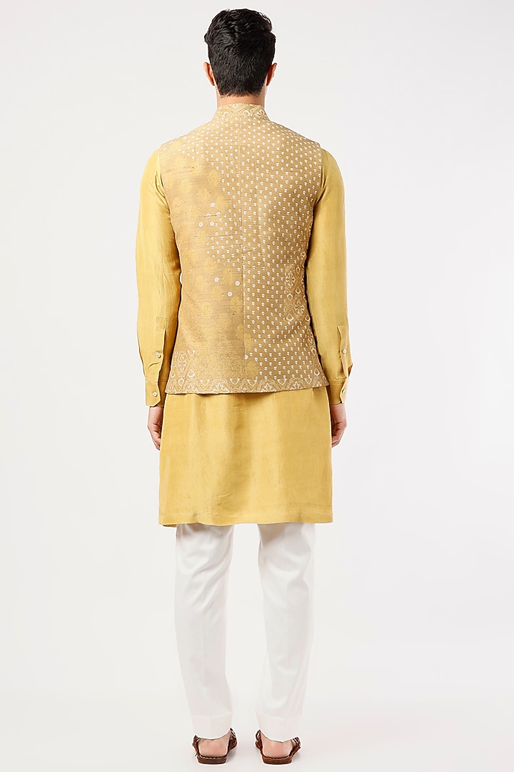 Gold Silk Embroidered & Block Printed Nehru Jacket Set by Divyam Mehta Men at Pernia's Pop Up Shop