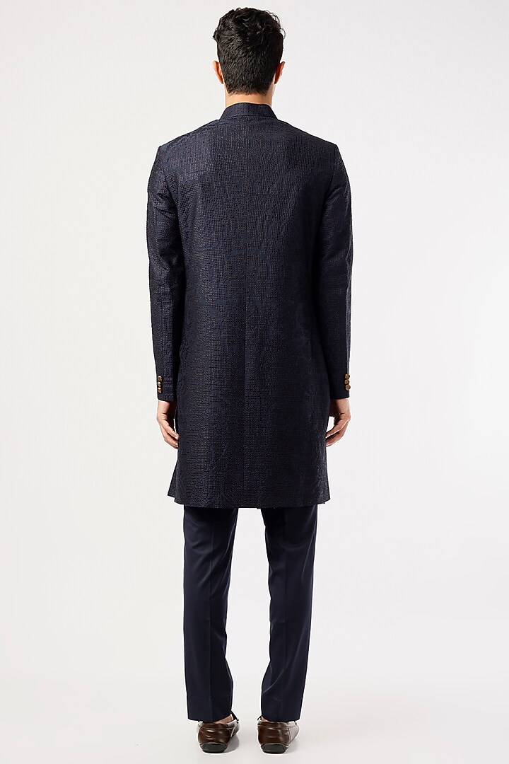 Space Blue Silk Groom Sherwani Set by Divyam Mehta Men at Pernia's Pop Up Shop