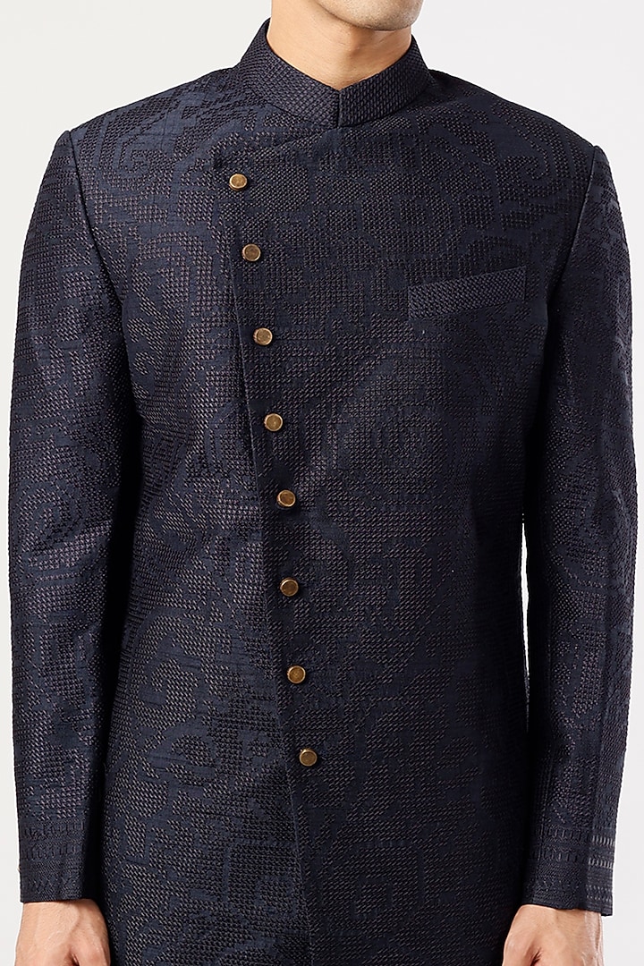 Space Blue Silk Groom Sherwani Set by Divyam Mehta Men at Pernia's Pop Up Shop