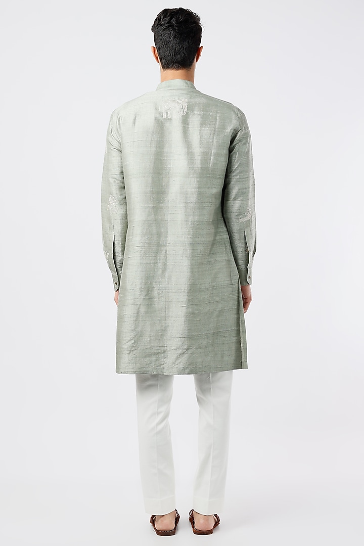 Mint Silk Hand Embroidered Kurta Set by Divyam Mehta Men at Pernia's Pop Up Shop
