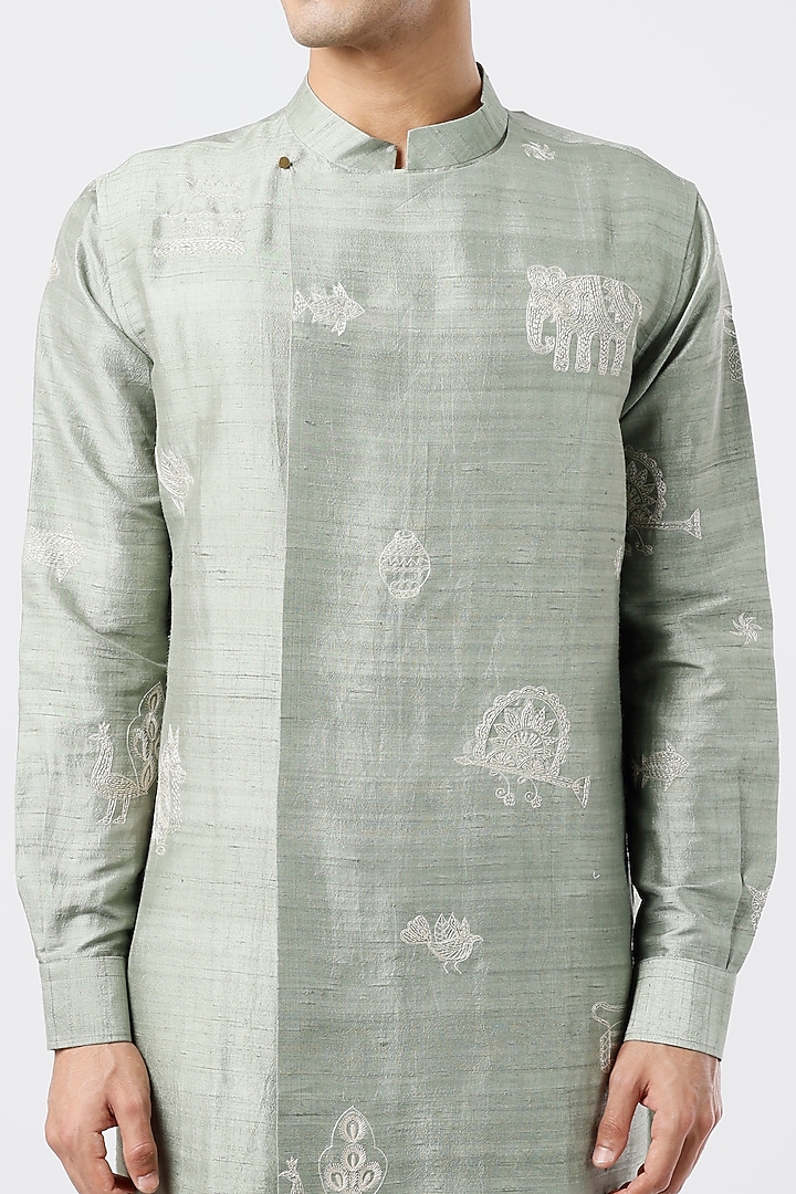 Mint Silk Hand Embroidered Kurta Set by Divyam Mehta Men at Pernia's Pop Up Shop