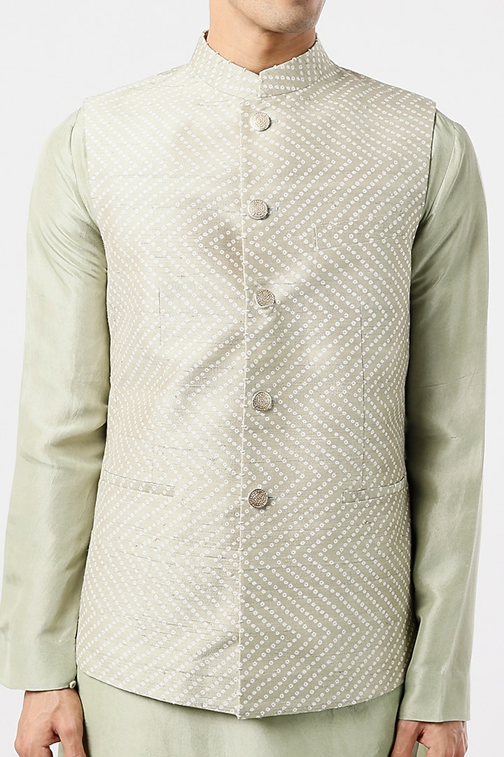 Sauf Green Silk Printed Nehru Jacket Set by Divyam Mehta Men at Pernia's Pop Up Shop