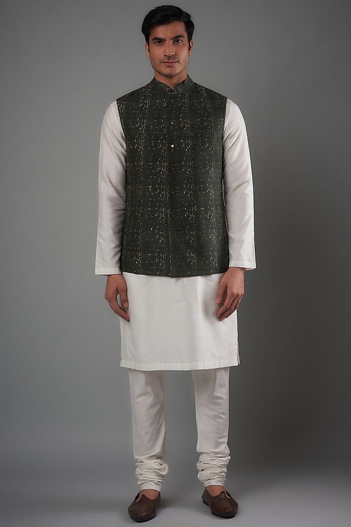 Bottle Green Raw Silk Nehru Jacket by Divyam Mehta Men at Pernia's Pop Up Shop