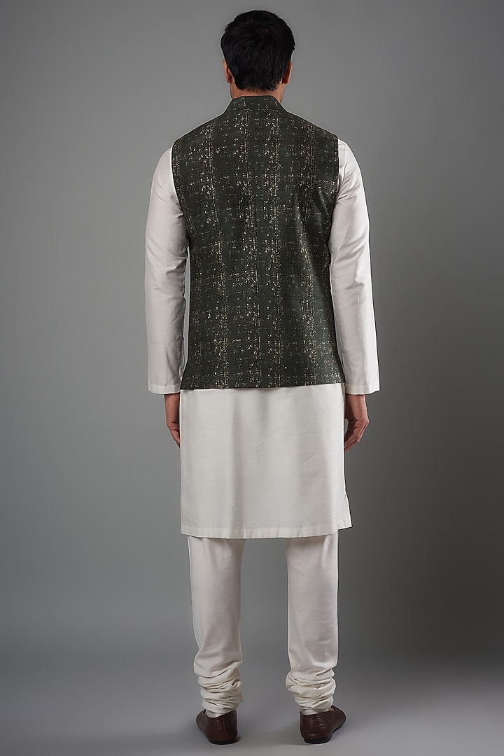 Bottle Green Raw Silk Nehru Jacket by Divyam Mehta Men at Pernia's Pop Up Shop