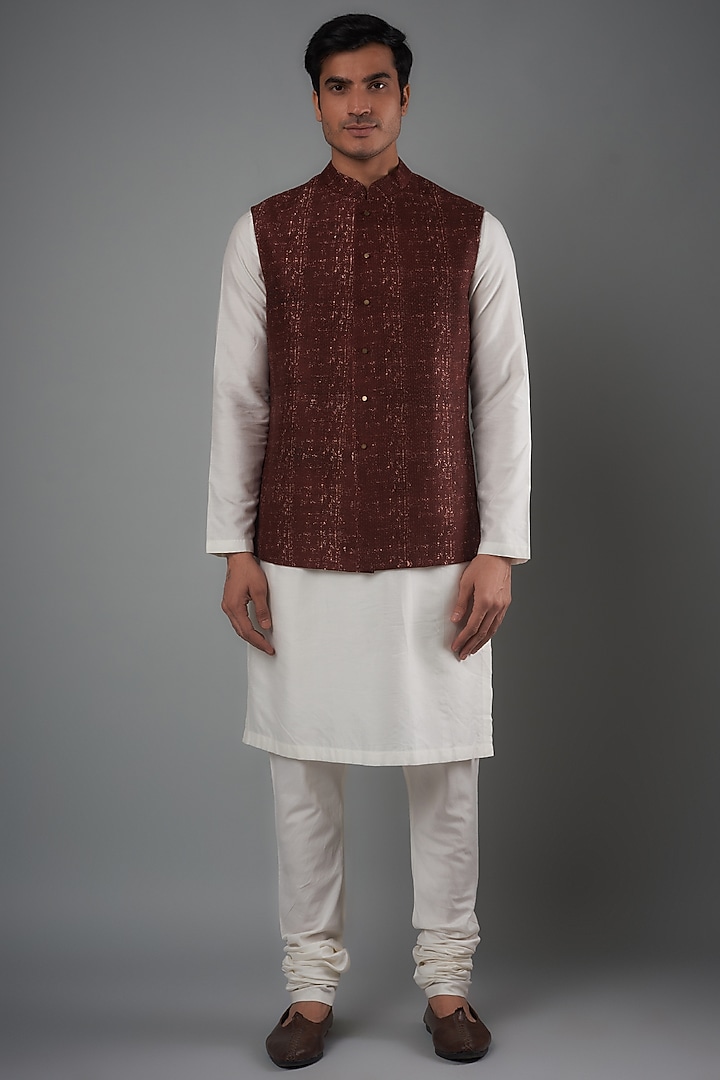 Claret Silk Nehru Jacket by Divyam Mehta Men at Pernia's Pop Up Shop