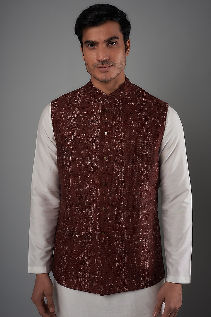 Claret Silk Nehru Jacket by Divyam Mehta Men