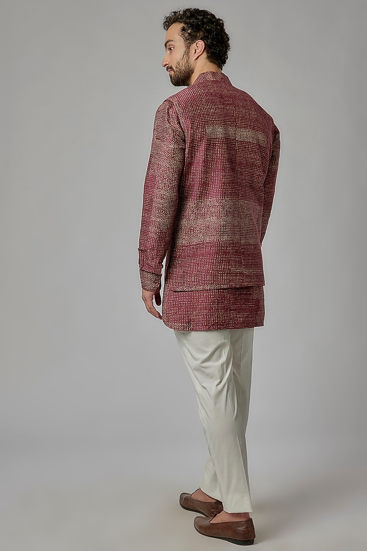 Claret Raw Silk Printed Bundi Set by Divyam Mehta Men at Pernia's Pop Up Shop