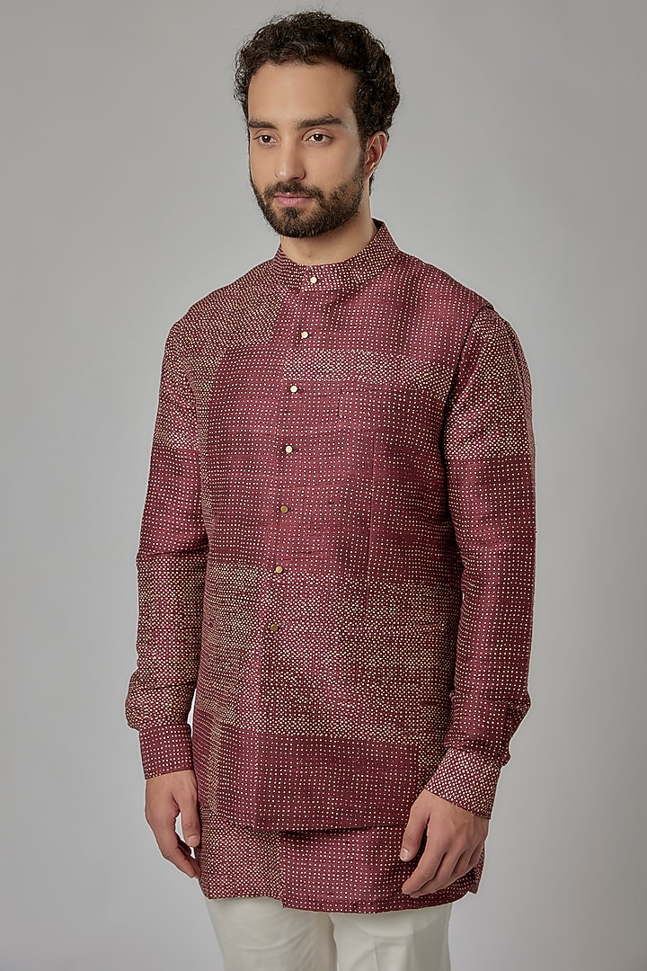 Claret Raw Silk Printed Bundi Set by Divyam Mehta Men at Pernia's Pop Up Shop