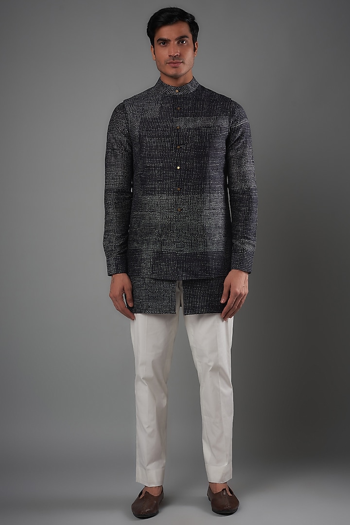 Space Blue Raw Silk Printed Bundi Jacket Set by Divyam Mehta Men