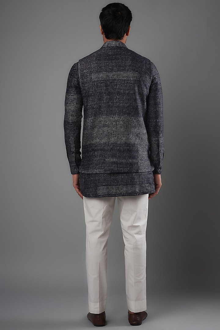 Space Blue Raw Silk Printed Bundi Jacket Set by Divyam Mehta Men at Pernia's Pop Up Shop
