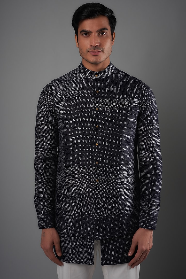 Space Blue Raw Silk Printed Bundi Jacket Set by Divyam Mehta Men at Pernia's Pop Up Shop