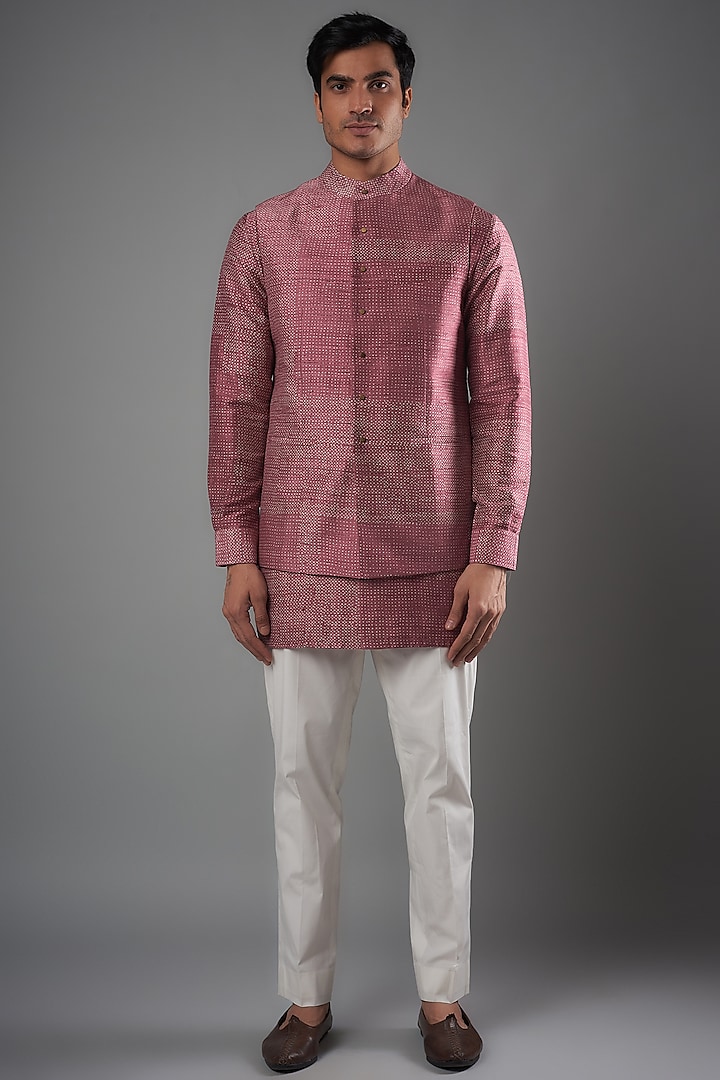 Lychee Raw Silk Printed Bundi Jacket Set by Divyam Mehta Men