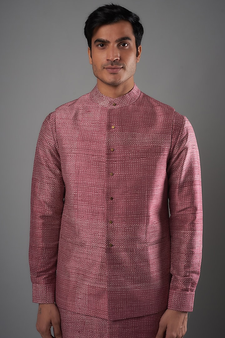 Lychee Pink Raw Silk Printed Bundi Jacket Set by Divyam Mehta Men at Pernia's Pop Up Shop