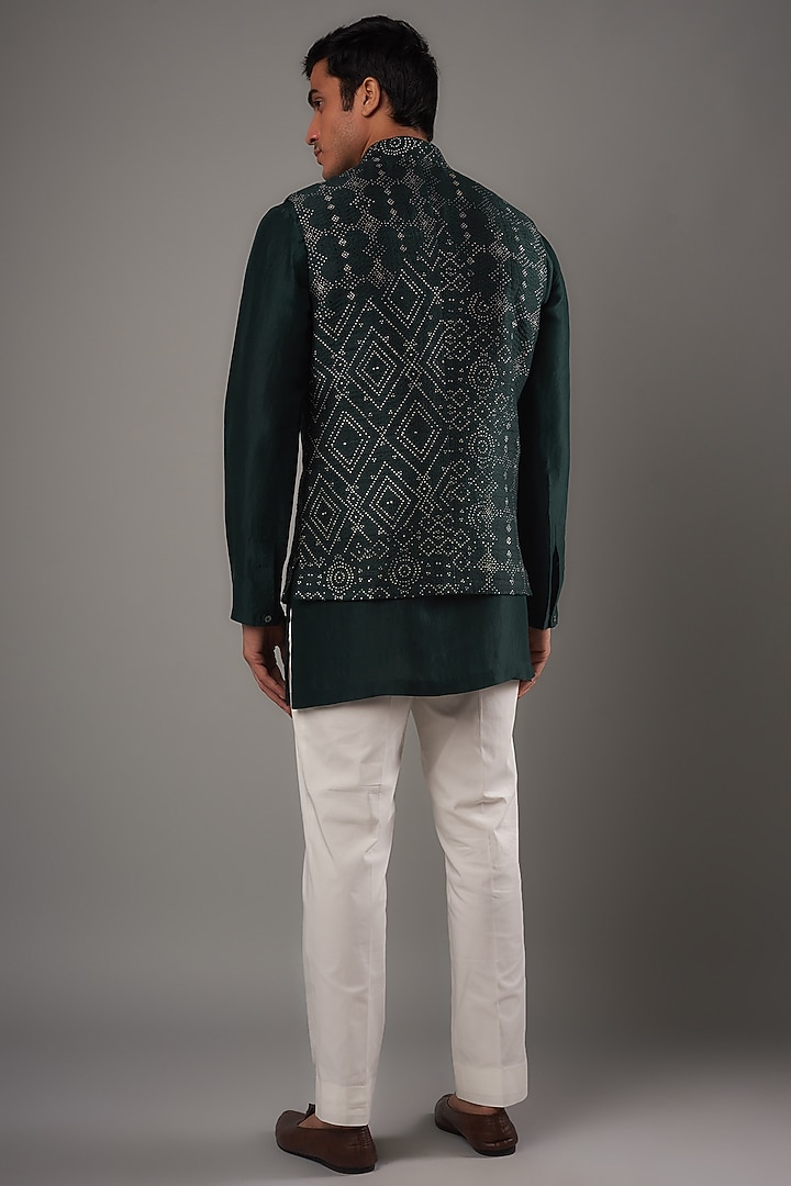 Bottle Green Raw Silk Printed Bundi Jacket Set by Divyam Mehta Men at Pernia's Pop Up Shop