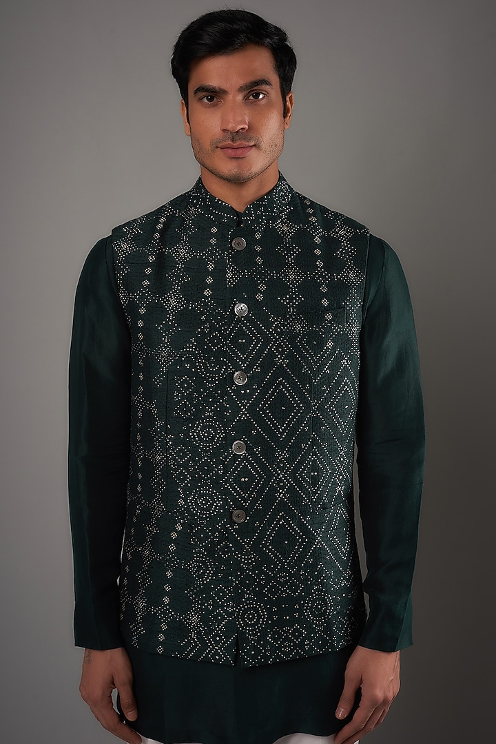 Bottle Green Raw Silk Printed Bundi Jacket Set by Divyam Mehta Men at Pernia's Pop Up Shop