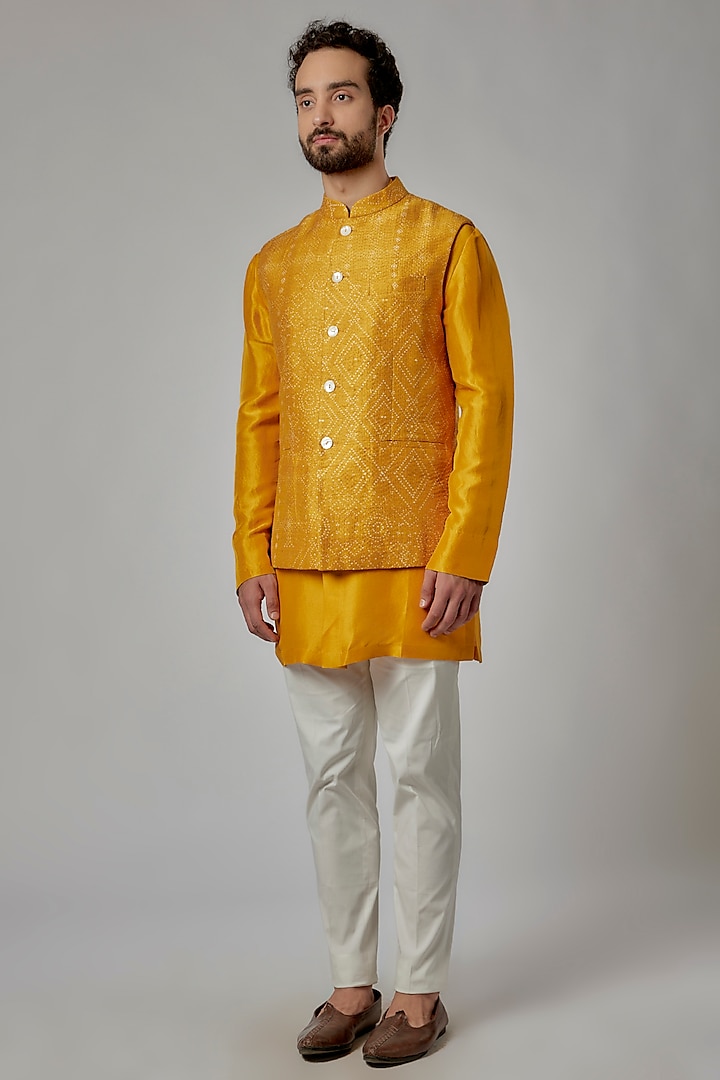 Haldi Yellow Raw Silk Printed Bundi Set by Divyam Mehta Men